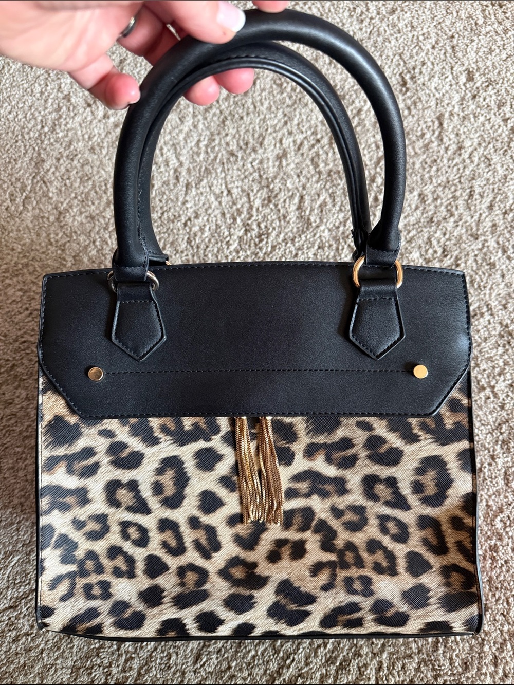 Black and Leopard Print Structured Tote Handbag with Gold Tassel